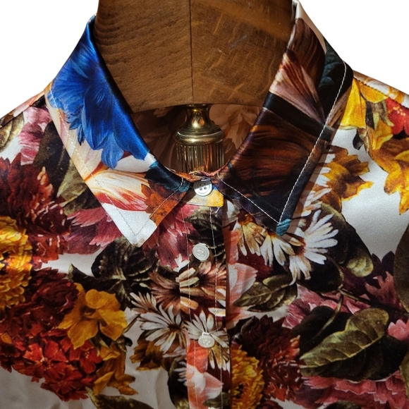 Hark + Hammer Long Sleeve Blouse + Ivory Bouquet Stretch Silk Size Medium - Picture 4 of 11